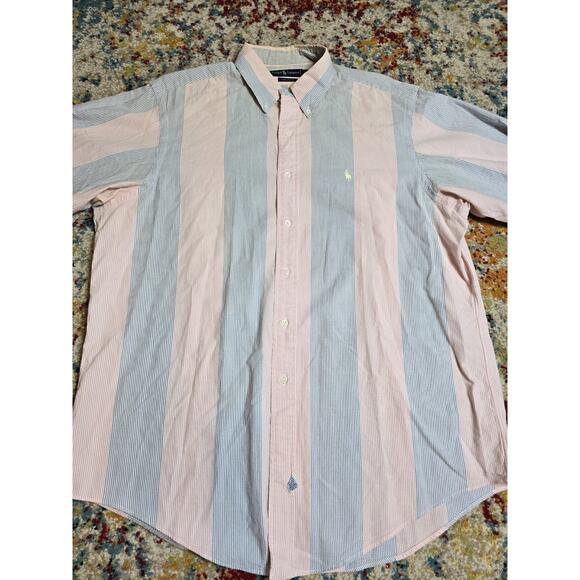 Vintage Polo Ralph Lauren Striped Seersucker Button Down Shirt Pink Blue Sz XL - Picture 1 of 8